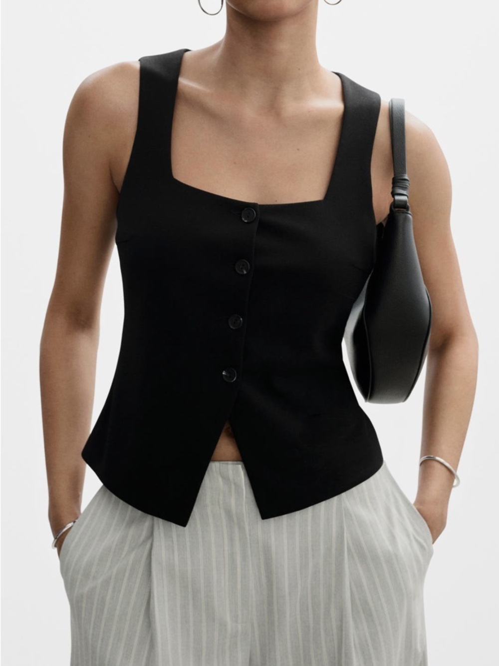 Mango Black Button-Down Square Neck Tank Top